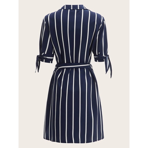 Navy Blue Striped Knot Sleeve Belted Shirt Dress - Picture 10 of 11